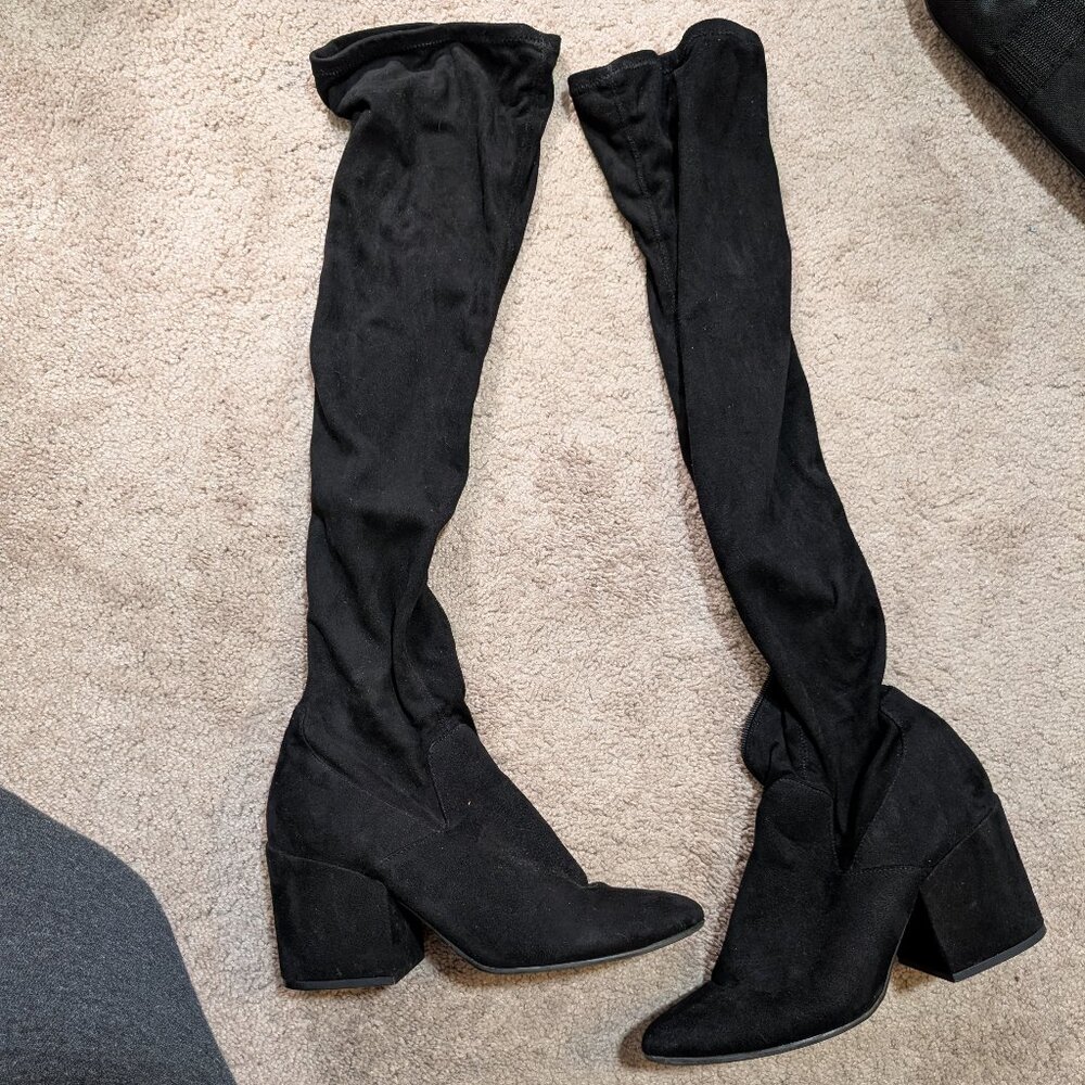 Black velvet knee high boots